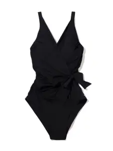 Wide Strap Wrap One Piece Swimsuit Black(BLACK,XS)